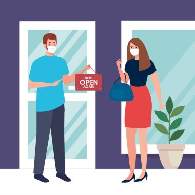 Karantinadan sonra tekrar açılacak. Dükkanı yeniden açma etiketi olan bir çift. Dükkan cephesinde tekrar açığız.