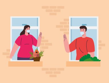 Evde kal, pencerenin önünde dur, insanlar evden dışarı bak, kişisel izolasyon, sosyal mesafeyi koru, koronavirüs yüzünden karantina, covid 19