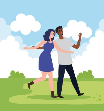 Mutlu karakterler, erkekli genç bir kadın, dostluk heyecanı, manzaradaki mutluluktan neşeli kahkahalar.