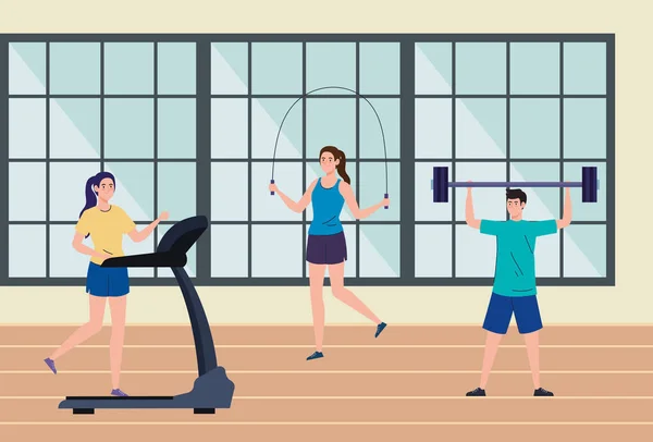 Oefening thuis, mensen die sport beoefenen, het huis gebruiken als fitnessruimte — Stockvector