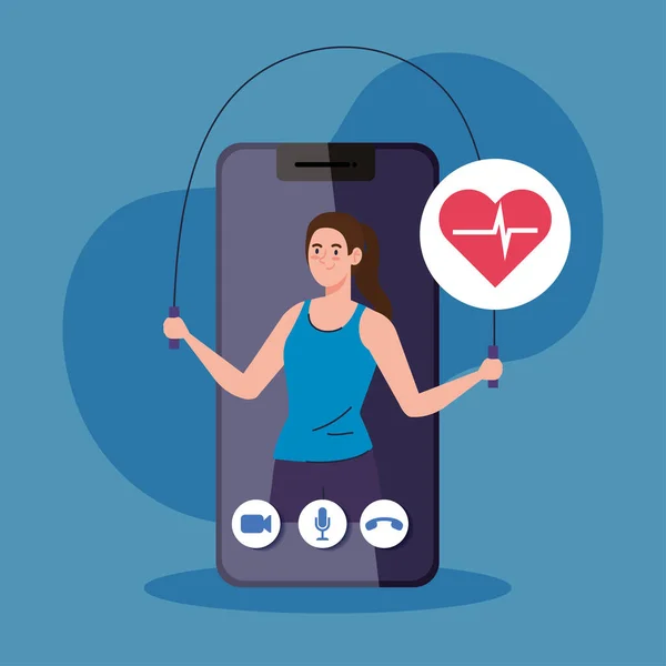 Fitness, Training und Workout App, Frau übt Sport im Smartphone, Sport online — Stockvektor