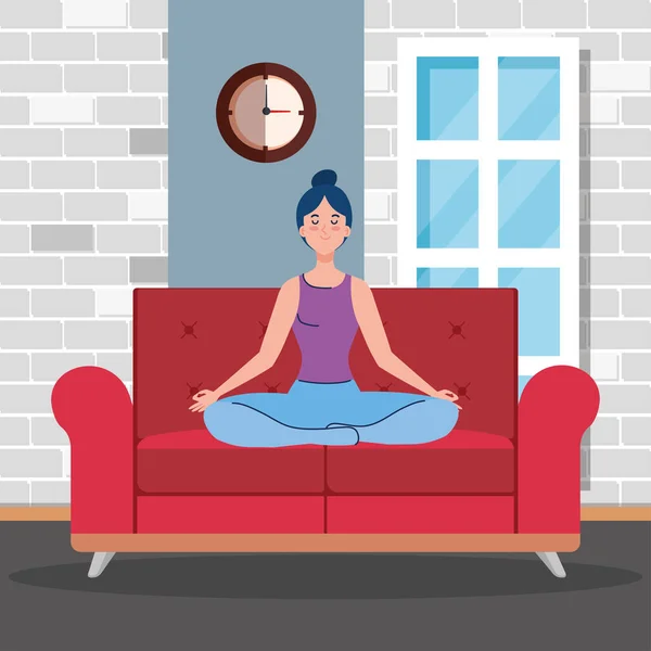 Stay home, be safe, woman meditating in the living room, sitting in couch, during coronavirus covid 19, stay at home quarantine, be careful — Stock Vector