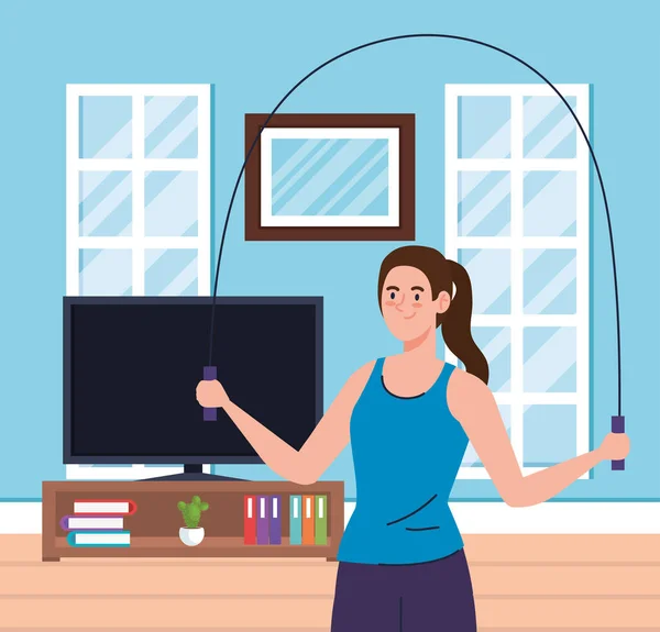 Cvičení doma, žena skákání provaz, použití domu jako tělocvična — Stockový vektor