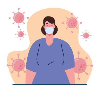 Çevrede koronavirüs hücreleri olan, kovid 19 'a karşı tıbbi koruyucu maske takan bir kadın.