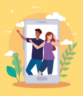 Mutlu karakterler, akıllı telefonlu genç kadın, arkadaşlık heyecanı, online kutlama