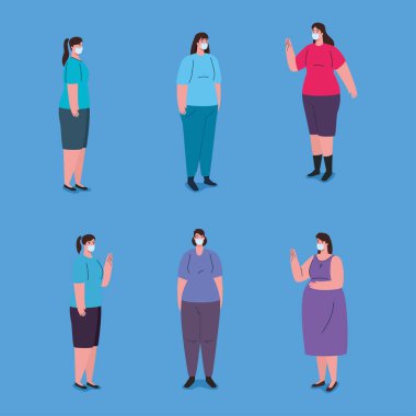 Gruptaki kadınlar kovid 19 'a karşı tıbbi koruyucu maske takıyor.