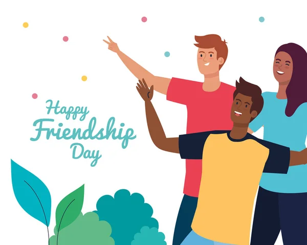 Happy friendship day, young men with woman , friendship excitement, cheerful laughing from happiness — Stock Vector