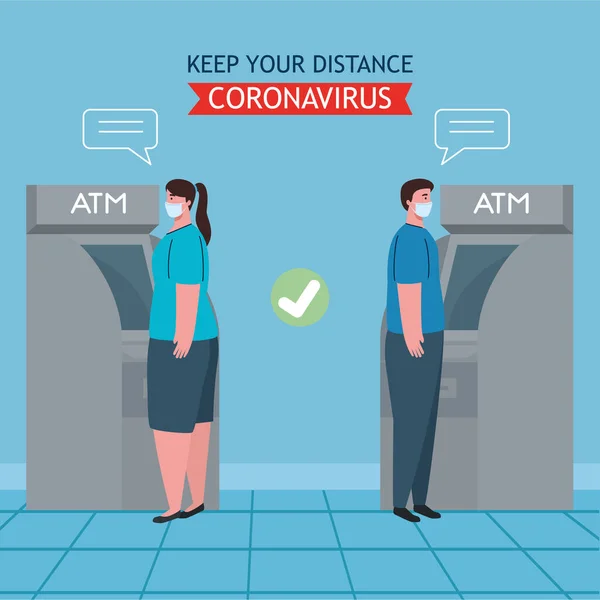 Distanza sociale e coronavirus covid 19 prevenzione, mantenere una distanza di sicurezza dagli altri quando si utilizza ATM — Vettoriale Stock