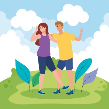 Mutlu karakterler, erkekli genç bir kadın, dostluk heyecanı, manzaradaki mutluluktan neşeli kahkahalar.