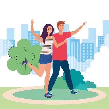 Mutlu karakterler, erkekli genç bir kadın, dostluk heyecanı, manzaradaki mutluluktan neşeli kahkahalar.