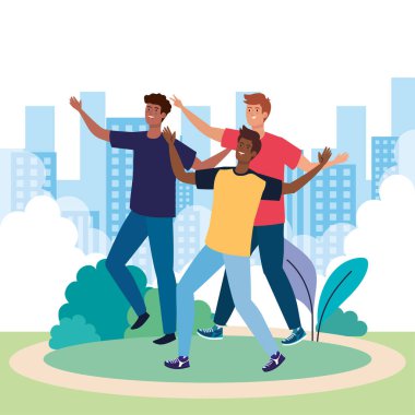 Mutlu karakterler, genç erkekler grubu, arkadaşlık heyecanı, şehir manzarasındaki mutluluktan neşeli kahkahalar.