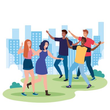 Mutlu karakterler, gençler, dostluk heyecanı, şehir manzarasındaki mutluluktan neşeli kahkahalar.