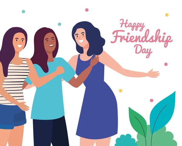 Feliz día de la amistad, grupo de mujeres jóvenes, emoción amistad, risa alegre de la felicidad — Vector de stock