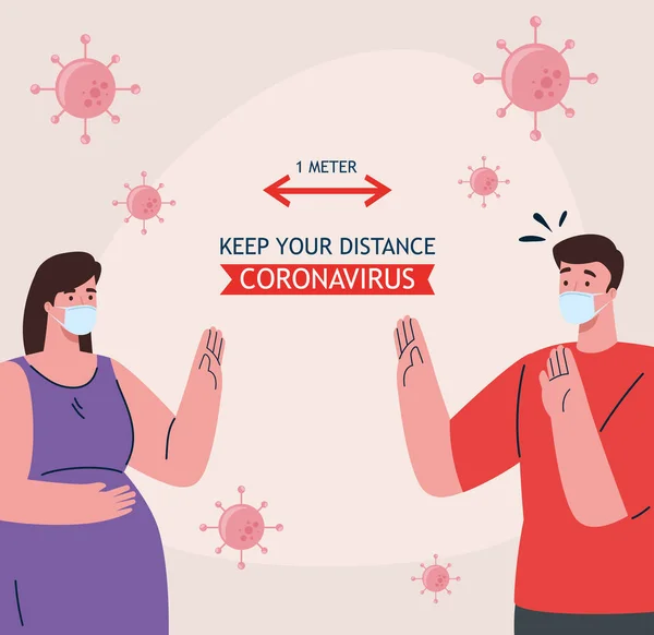 Soziale Distanzierung, Coronavirus einen Meter Abstand halten, Abstand in der öffentlichen Gesellschaft zu Menschen halten, die sich vor Covid 19 schützen, Paar trägt medizinische Maske gegen Coronavirus — Stockvektor