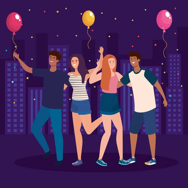 Gelukkige personages, jongeren, vriendschap opwinding, vrolijk lachen van geluk in stadsgezicht met ballonnen helium — Stockvector