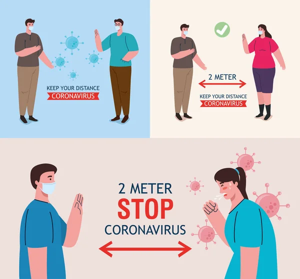 Établir des scènes de distanciation sociale, garder ses distances en public, prévention du coronavirus covid 19 — Image vectorielle