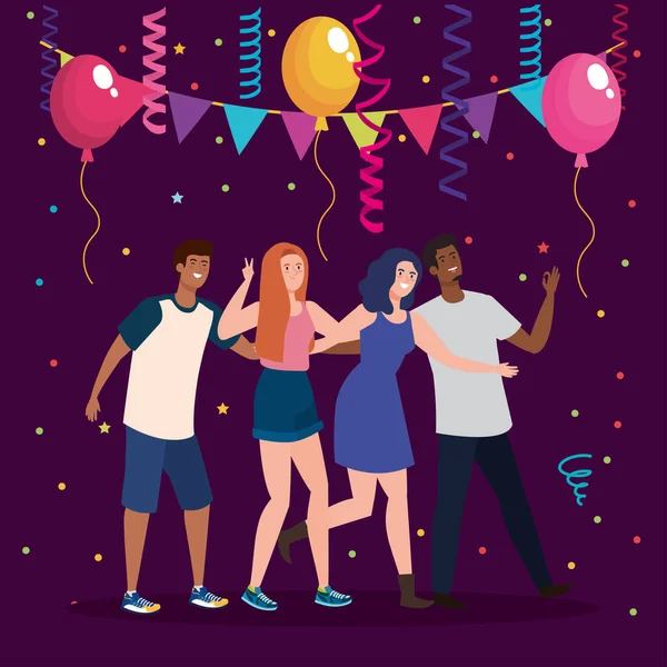 Gelukkige personages, jongeren, vriendschap opwinding, vrolijk lachen van geluk in feest — Stockvector