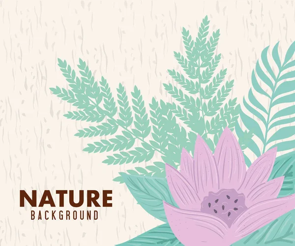 自然背景ライラック色のパステルの花と熱帯の葉 — ストックベクタ