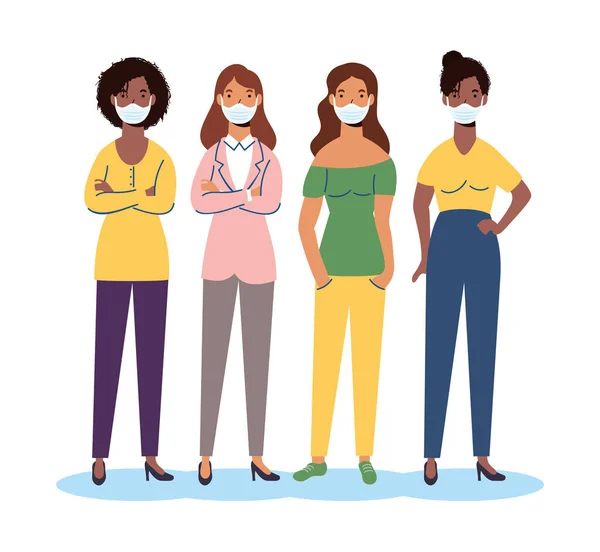 의료용 마스크를 쓰고 있는 다양 한 여성들의 그룹 — 스톡 벡터