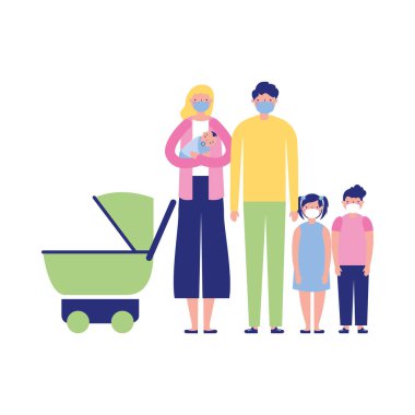 Anne baba kız oğul ve bebek maskeli vektör tasarımı