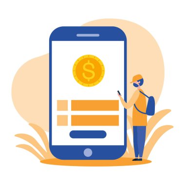 Maskeli akıllı telefon ve bozuk para vektör tasarımlı adam avatarı