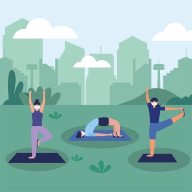Park vektör tasarımında maskeli kadınlar yoga yapıyor.