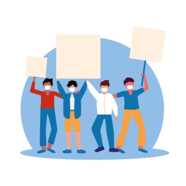 Tıbbi maskeli ve pankartlı adamlar vektör tasarımı