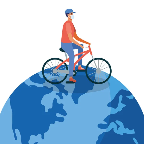 Hombre con máscara médica con bicicleta en el diseño de vectores del mundo — Vector de stock