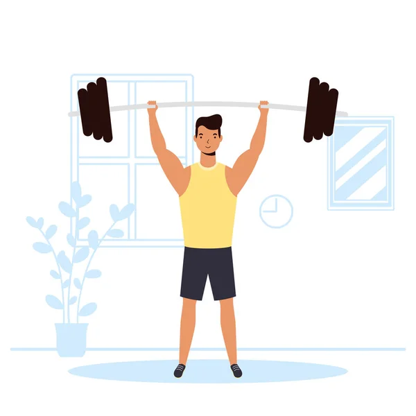 Hombre practicando wight lifting actividad deportiva en la casa — Archivo Imágenes Vectoriales