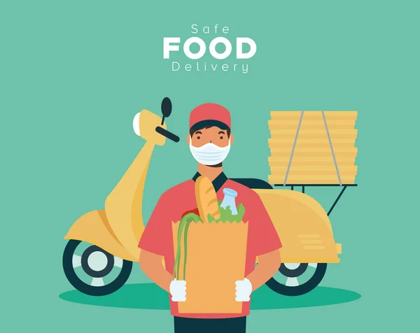 Veilig voedsel bezorger met boodschappen zak in motorfiets — Stockvector