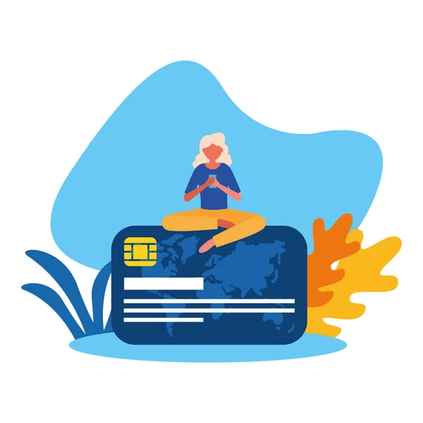 Avatar femme avec smartphone sur la conception de vecteur de carte de crédit — Image vectorielle