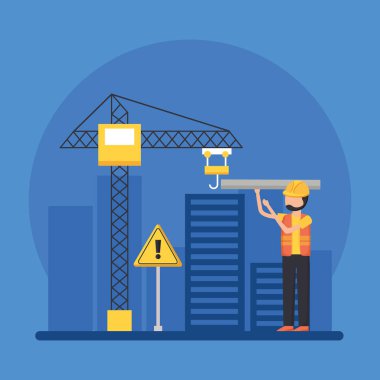 Şehir vektör tasarımında miğferi ve vinci olan inşaatçı adam