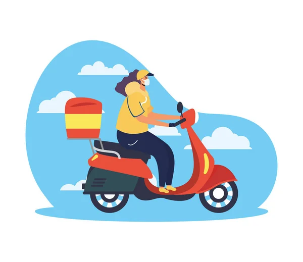 Safe food delivery female worker in motorcycle for covid19 — Stock Vector