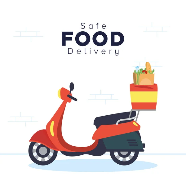 Motocicleta con bolsa de comestibles Entrega de alimentos segura — Archivo Imágenes Vectoriales