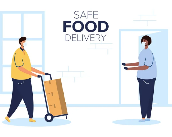 Trabalhador de entrega segura de alimentos com caixas em carrinho e cliente — Vetor de Stock