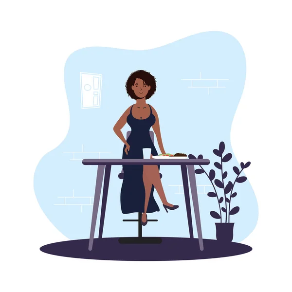Mladá afro žena jídelní v restauraci charakter — Stockový vektor