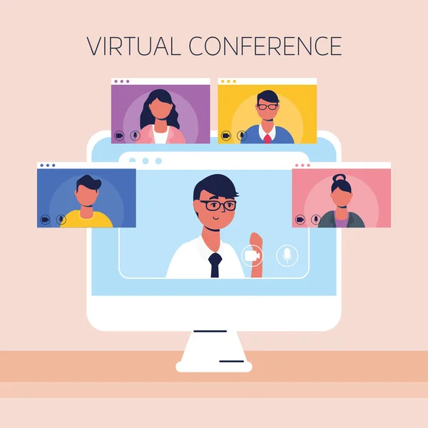 Homem usando desktop em comunicação conferência virtual Gráficos De Vetores