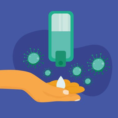 Dezenfektan şişesi ve covid 19 virüs tasarımı ile ellerini yıka.