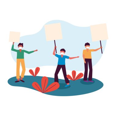 Tıbbi maskeli ve pankartlı adamlar vektör tasarımı