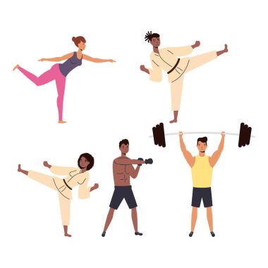 Evde spor faaliyetleri yapan bir grup insan.