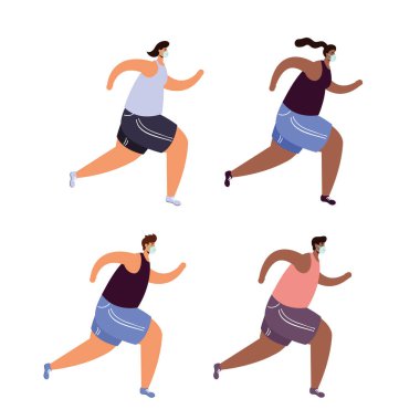 Sağlık maskesi takan insanlar spor yapıyor.