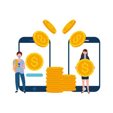 Maskeli adam ve kadın akıllı telefonlar ve bozuk paralar vektör tasarımı