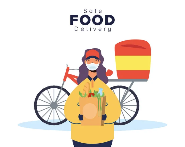 Trabalhador feminino entrega segura de alimentos com bolsa de mantimentos em bicicleta — Vetor de Stock