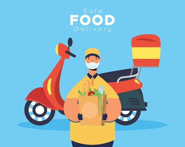 Safe food delivery worker with groceries bag in motorcycle — Stock Vector