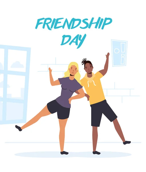 Jóvenes interracial pareja personajes en la amistad día celebración — Vector de stock