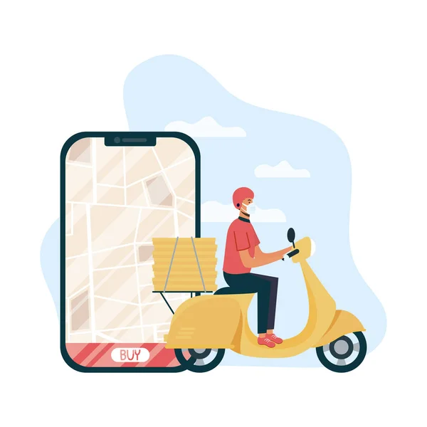 Motosiklet ve akıllı telefondaki güvenli yiyecek dağıtım işçisi — Stok Vektör