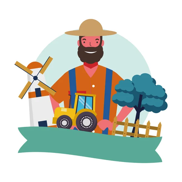 Bahçıvan adam traktör yel değirmeni ve ağaç vektör tasarımı — Stok Vektör