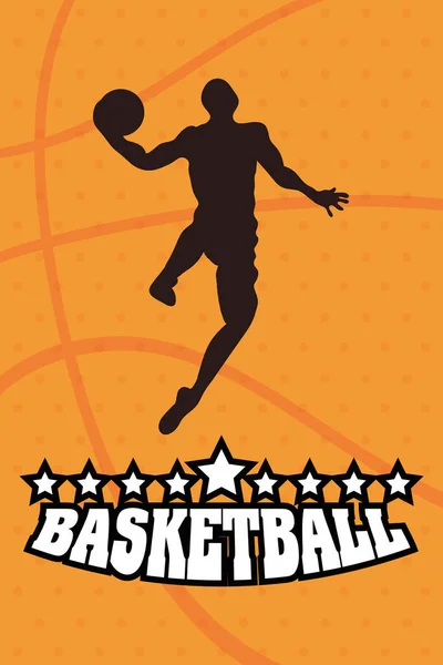 Gioco di basket sport con giocatore e palloncino emblema silhouette — Vettoriale Stock