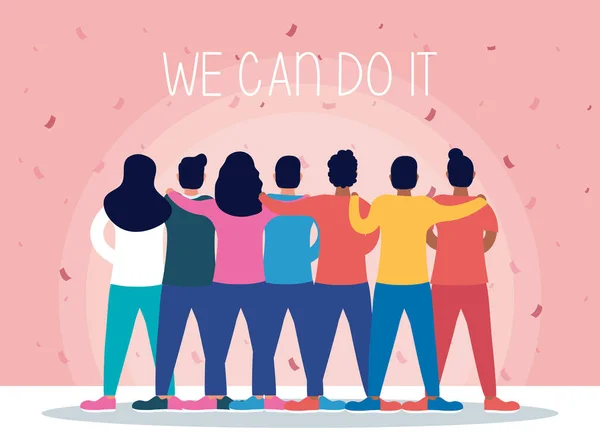Group of people back with we can do it message — Stock Vector