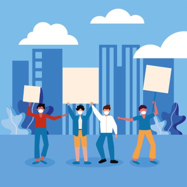 Şehir vektör tasarımında tıbbi maskeli ve pankartlı adamlar